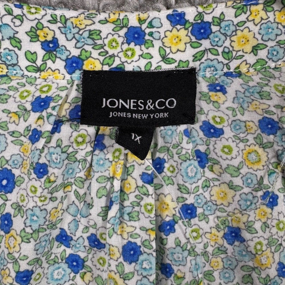 Jones New York Blouse Blue Yellow Floral 3/4 Sleeve Rayon Top Womens 1X - Picture 2 of 11